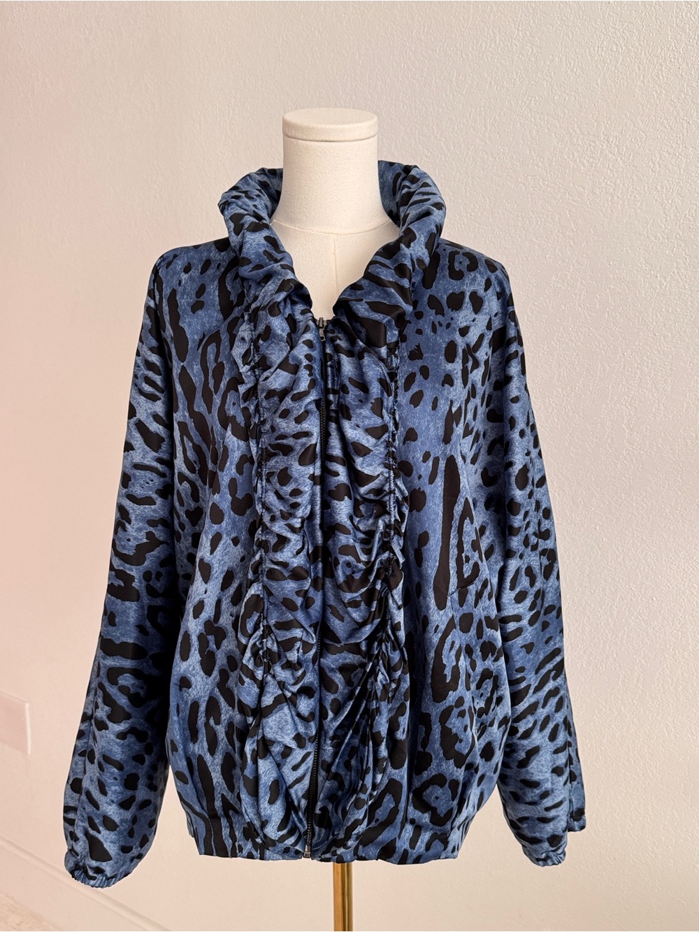 blue leopard print animal zip-up jacket by Focus 2000 featuring ruffled collar